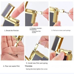 May include: A gold and black lighter with instructions for flint replacement. The steps include breaking the flint bin, unscrewing the screw, pulling out screws and springs, pouring out waste flint, and installing a new flint and spring.