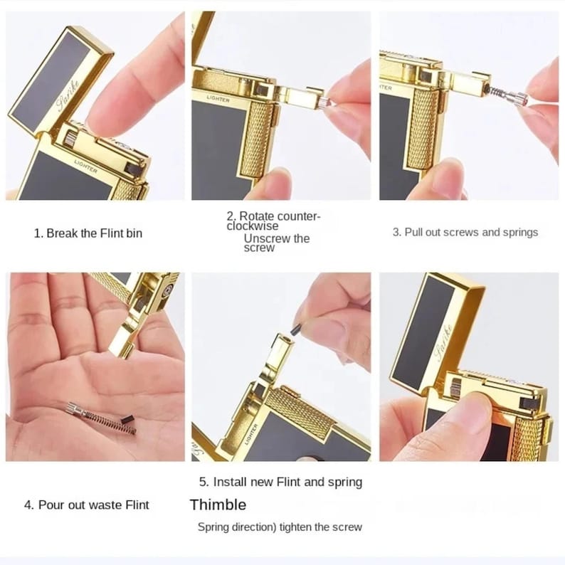May include: A gold and black lighter with instructions for flint replacement. The steps include breaking the flint bin, unscrewing the screw, pulling out screws and springs, pouring out waste flint, and installing a new flint and spring.