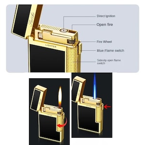 May include: A gold-coloured lighter with black panels. The image shows the lighter open, with a flame and a blue flame. Features include direct ignition, open fire, a fire wheel, and a blue flame switch.