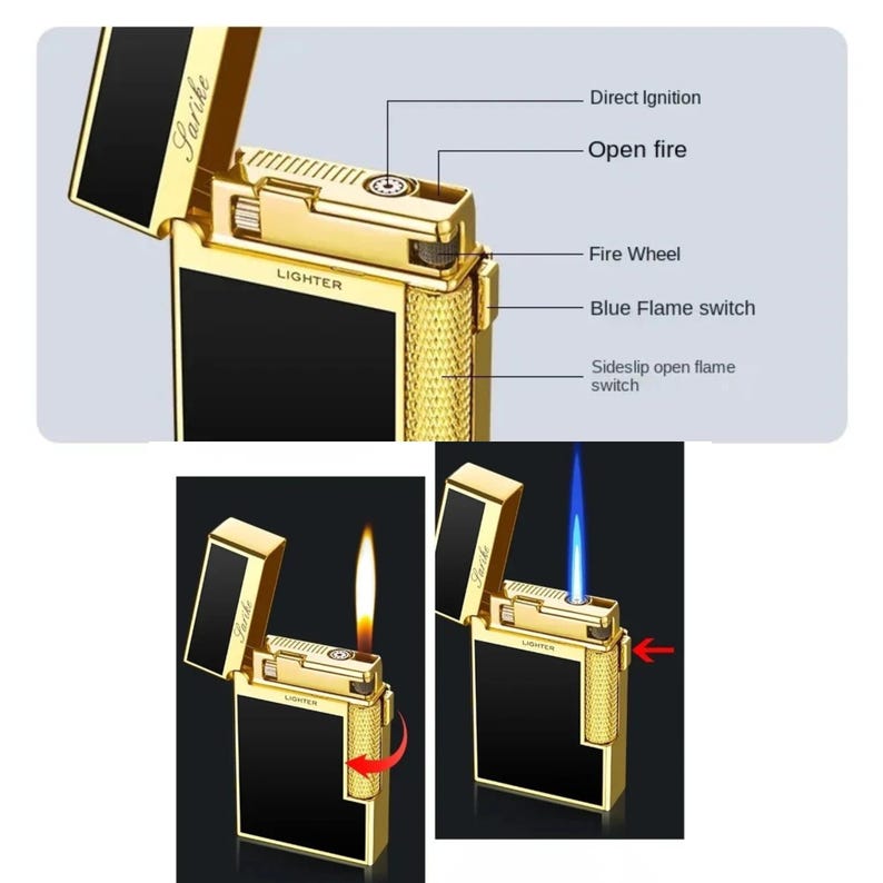 May include: A gold-coloured lighter with black panels. The image shows the lighter open, with a flame and a blue flame. Features include direct ignition, open fire, a fire wheel, and a blue flame switch.