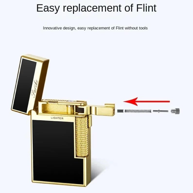 May include: A gold-coloured lighter with a black rectangular panel and the text "Sarike". The lighter's lid is open, and a diagram shows how to replace the flint. The text reads "Easy replacement of Flint".