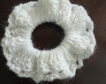 Aurora Scrunchie: White Acrylic Yarn with Holographic Sparkles, Gentle Hair Tie