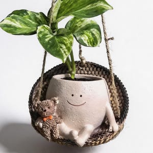 May include: A hanging planter with a smiling face design, holding a green and white plant. A small teddy bear with an orange bow tie sits next to the planter. The planter is suspended by rope.