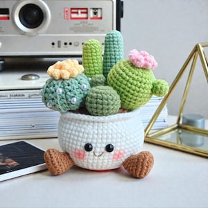 Crocheted Cactus Pot Planter: Kawaii Amigurumi Desk Decor, Yarn Desk Accessory
