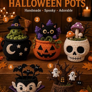 Crochet Halloween Pot, Pumpkin Crochet Decor, Handmade Halloween Planter, Cute Ghost Pumpkin Pot, Witch Cauldron, Skull Planter