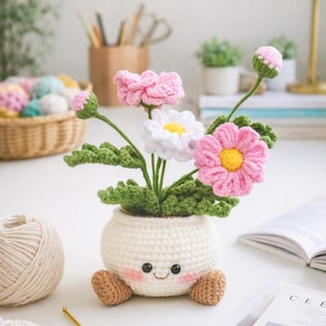 Doniczka z kwiatkiem w kształcie stokrotki wykonana na szydełku amigurumi, ręcznie robiona dekoracja biurka, pluszowa roślina Kawaii, element domowego biura