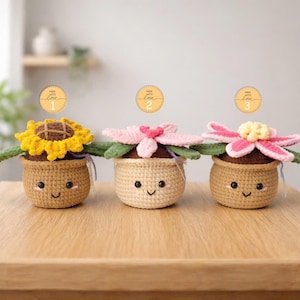 May include: Three crocheted flower pot dolls with smiling faces. The first has a yellow sunflower, the second a pink flower, and the third a pink and yellow flower. Each pot is tan with brown "soil" and green leaves. The image includes the text "Made with Love".