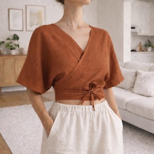 Linen Cotton Wrap Crop Top, Handmade Stylish Wrap Top, Women Wrap Crop Top, Lightweight Summer Top, Tie Knot Top