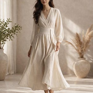 long flowy cream dress Glam Cream Dress - Maxi Dress - Wrap Dress - Long Sleeve Dress