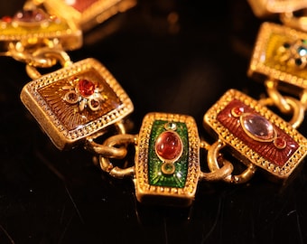 OVLUNE 18k Gold Plated Medieval Link Bracelet: Ornate Enamel, Faux Gemstones, Renaissance Revival Style