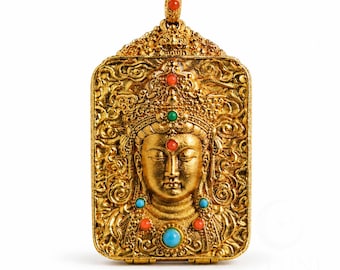 OVLUNE Gold Tone Copper Buddha Pendant Tibetan Style Statement Amulet Pendant Hand Polished Spiritual Jewelry Gift