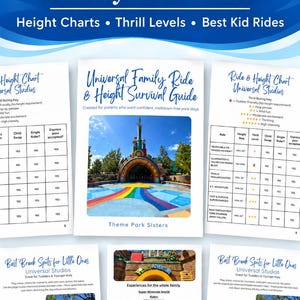 以下が含まれることがあります： Universal Orlando Family Ride Guideというタイトルのデジタルガイド。身長制限チャート、スリルレベル、乗り物情報が記載されています。ドキュメントには、表、テキスト、テーマパークのアトラクションの写真が含まれています。