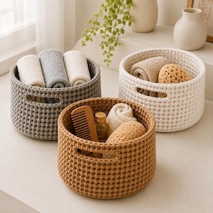 May include: Three round, woven storage baskets in gray, white, and tan. The gray basket holds three rolled towels. The white basket contains a rolled towel and a textured sponge. The tan basket holds a wooden comb, a small bottle, a towel, and a sponge.