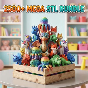 May include: A wooden crate filled with colourful figurines of dragons, unicorns, octopuses, foxes, and dinosaurs. The figurines are arranged in a tiered display. The text "2500+ MEGA STL BUNDLE" is at the top.