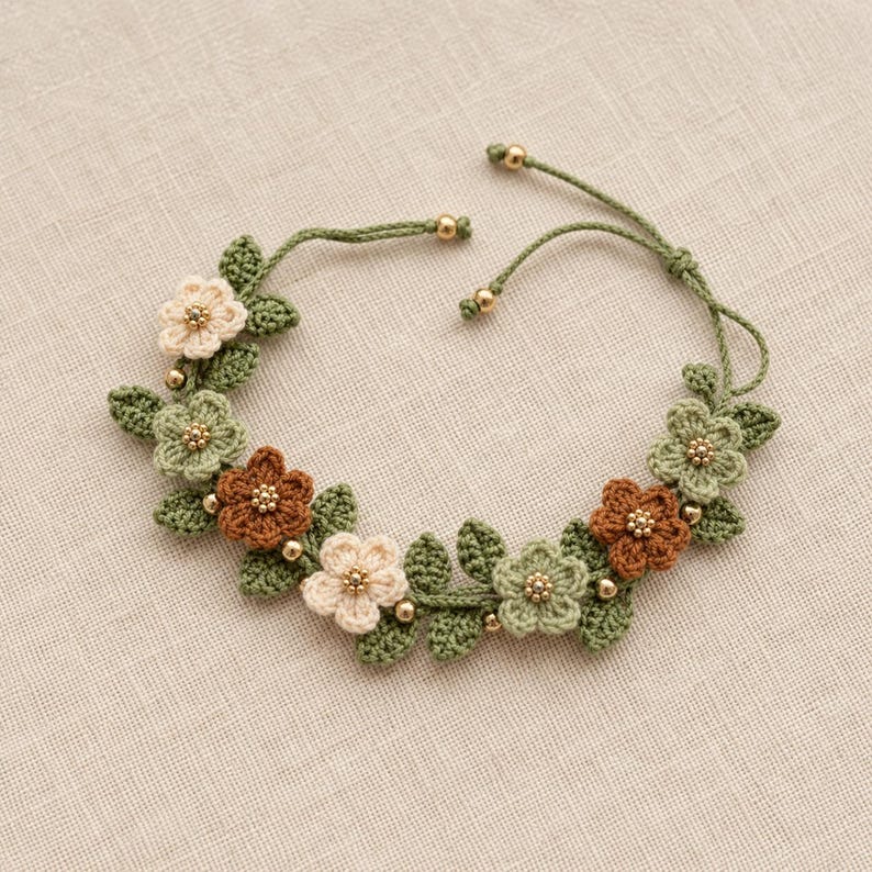Pu&ograve; includere: Un braccialetto all'uncinetto con una serie di piccoli fiori a cinque petali nei colori crema, verde salvia e marrone terracotta. Gli elementi floreali sono intervallati da foglie all'uncinetto e piccole perline rotonde dorate.