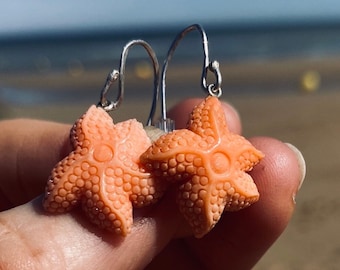 Cutest starfish vintage carved coral earrings ever, silver setting