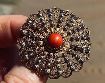 Vintage filigree silver gold wash brooch, large coral button