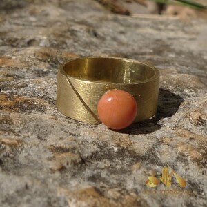Hand made adjustable brass ring with vintage coral button, designer jewelry