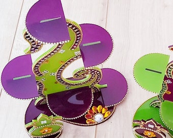 Acrylic peacock candle art - Diwali rangoli - Bollywood inspired, Indian Wedding decor, Green Purple Gold White tea light candle holder