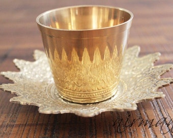 Brass cup with embossed floral tray |Royalty Brass Cup from India | Floral Brass Cup | Brass cup holder | Brass cup
