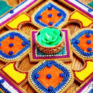 Wood Rangoli decorated with fabric flowers beads and rhinestone, 12 Wood cut out colorful rangoli, Diwali rangoli, Indian pooja Hindu decor image 1