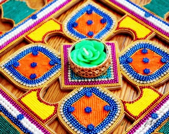 Wood Rangoli decorated with fabric flowers beads and rhinestone, 12" Wood cut out colorful rangoli, Diwali rangoli, Indian pooja Hindu decor