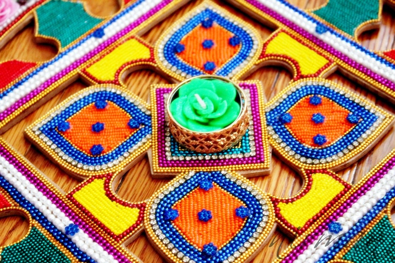 Wood Rangoli decorated with fabric flowers beads and rhinestone, 12 Wood cut out colorful rangoli, Diwali rangoli, Indian pooja Hindu decor image 1