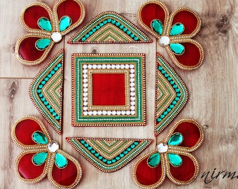 Acrylic floor art - Diwali Rangoli Kundan - Bollywood inspired, Indian Wedding decor, Rangoli, Red Green Gold White and gold rangoli,