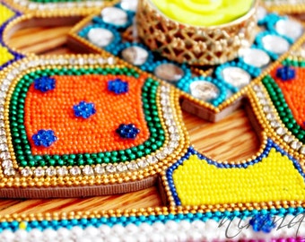 Wood Rangoli decorated with fabric flowers beads and rhinestone, 12" Wood cut out colorful rangoli, Diwali rangoli, Indian pooja Hindu decor