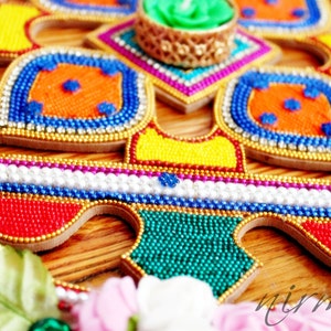 Wood Rangoli decorated with fabric flowers beads and rhinestone, 12 Wood cut out colorful rangoli, Diwali rangoli, Indian pooja Hindu decor image 5