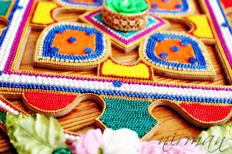 Wood Rangoli decorated with fabric flowers beads and rhinestone, 12 Wood cut out colorful rangoli, Diwali rangoli, Indian pooja Hindu decor image 5