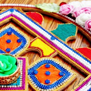 Wood Rangoli decorated with fabric flowers beads and rhinestone, 12 Wood cut out colorful rangoli, Diwali rangoli, Indian pooja Hindu decor image 3