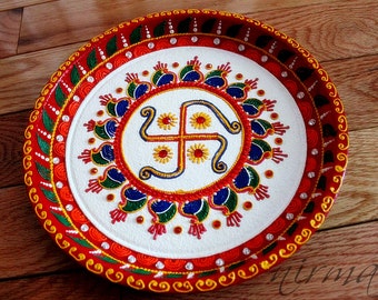 Swastika Pooja Thali-Decorative Henna Mehndi Design Thali-Festive HomeDecor-Nikah-Shadi decor-Indian-Pakistani-Desi- Wedding Centerpiece