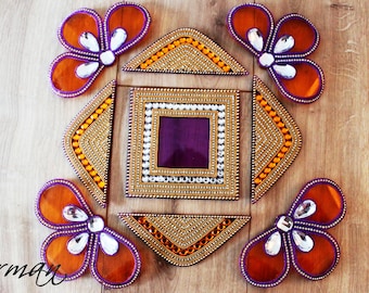 Acrylic floor art - Diwali Rangoli Kundan - Bollywood inspired, Indian Wedding decor, Rangoli, Yellow Purple Gold White and gold rangoli,