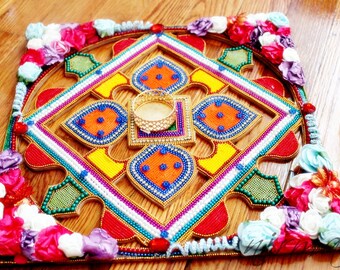 Wood Rangoli decorated with fabric flowers beads and rhinestone, 12" Wood cut out colorful rangoli, Diwali rangoli, Indian pooja Hindu decor