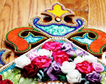 Wood Rangoli decorated with fabric flowers beads and rhinestone, 14" Wood cut out colorful rangoli, Diwali rangoli, Indian pooja Hindu decor