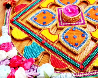 Wood Rangoli decorated with fabric flowers beads and rhinestone, 12" Wood cut out colorful rangoli, Diwali rangoli, Indian pooja Hindu decor