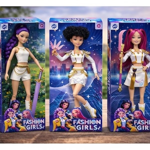 Może przedstawiać: Trzy lalki Fashion Girls w pudełkach. Każda lalka ma unikalną fryzurę i strój, w tym biały top i szorty lub spódnicę. Pudełka zawierają napisy "Fashion Girls" i zdjęcia lalek.