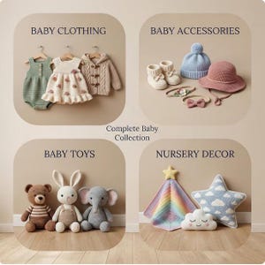 May include: A collection of handmade baby items, including clothing, accessories, toys, and nursery decor. The image features a green romper, a cream-colored dress, a beige sweater, booties, hats, headbands, a bow, stuffed animals, a blanket, and pillows.