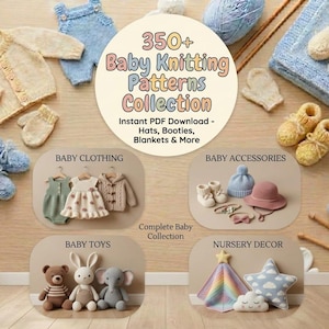 Op de afbeelding: Een verzameling baby breipatronen, met kleding, accessoires, speelgoed en kinderkamerdecoratie. De afbeelding toont gebreide truien, slofjes, mutsen en knuffels. Tekst op de afbeelding luidt "350+ Baby Knitting Patterns Collection."