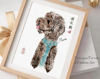 Chinesischer Pinselmalerei-Stil, personalisiertes Haustierporträtgeschenk, handbemalter Teddyhund, benutzerdefinierte Hunde- oder Katzenkunst vom Foto, Geschenk für Haustiermutter-Papa