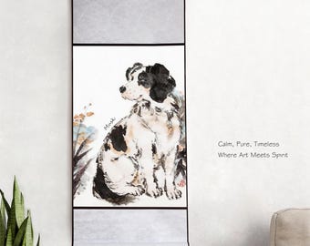 Pintura de estilo chino, retrato de mascota pintado a mano a partir de una foto, regalo personalizado en memoria de un perro, estilo acuarela con tinta.