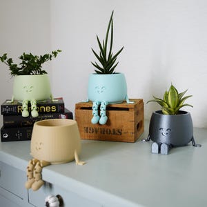 Könnte beinhalten: Eine Sammlung skurriler Blumentöpfe in verschiedenen Farben, jeweils mit einem lächelnden Gesicht und angebrachten Beinen. Die Töpfe enthalten verschiedene Pflanzen und sind auf einer hellblauen Oberfläche angeordnet. Ein Topf steht auf einer Holzkiste.