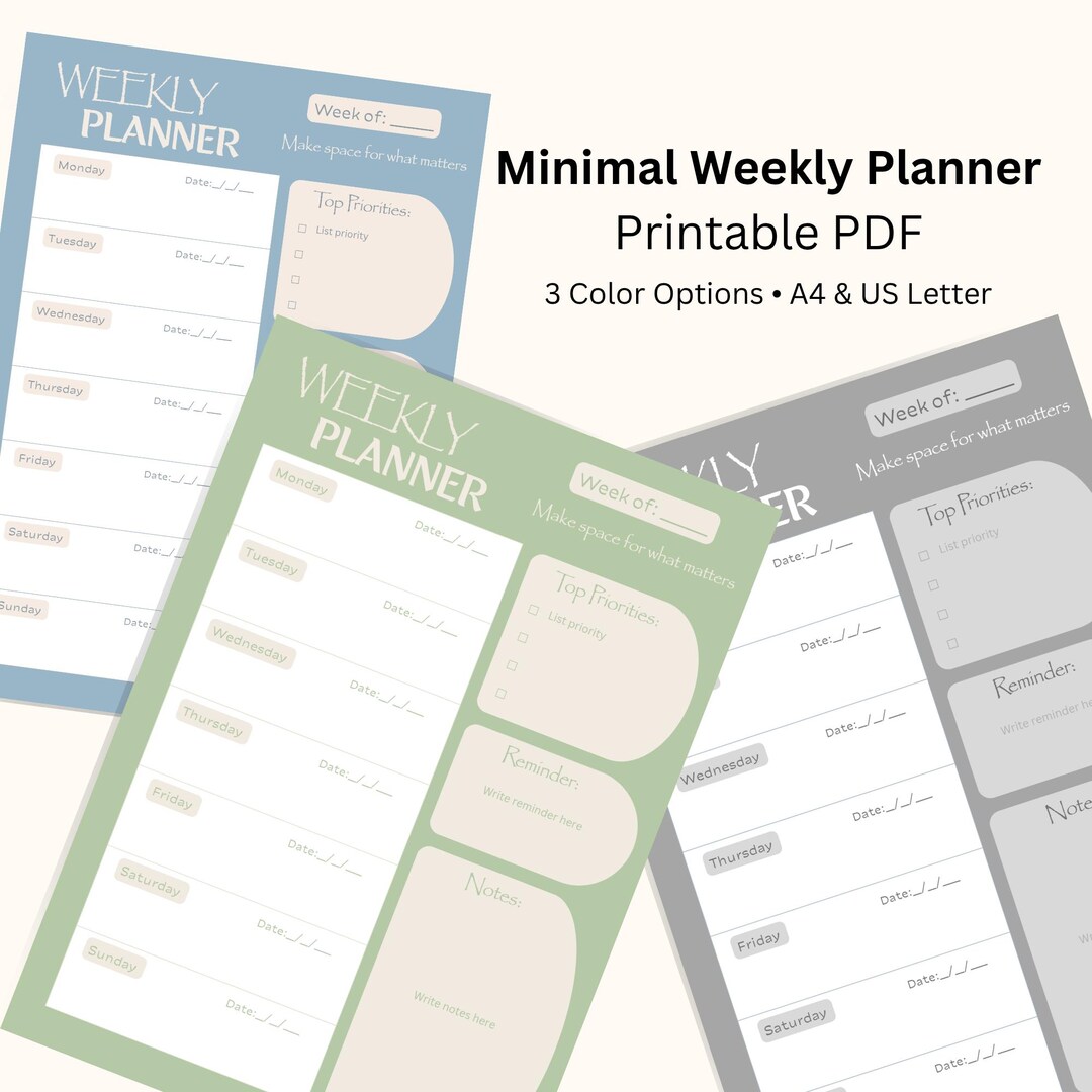 Minimal Weekly Planner Printable | A4 & US Letter PDF | Simple Weekly ...