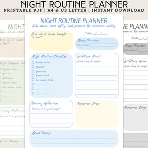 May include: A printable night routine planner with a white background. The planner includes sections for a checklist, evening reflection, and sleep tracker. Text on the planner includes "Night Routine Planner" and "Instant Download."