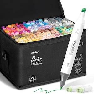 May include: A black carrying case filled with 200 Ohuhu Oahu alcohol markers in a variety of colors. A white marker with a green tip is in the foreground. The case has the words "Ohuhu Oahu Alcohol Markers" and "200 Colors" printed on it.