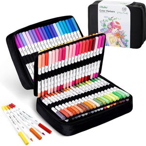 May include: A black zippered carrying case filled with 120 Ohuhu color markers. The markers are arranged in rows, showcasing a wide spectrum of colors, including pinks, blues, greens, and oranges. A smaller group of markers lies outside the case.