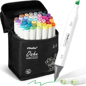 May include: A black zippered case containing 40 colorful Ohuhu Oahu alcohol markers. A white marker with a green chisel tip is displayed next to the case. The case has the brand name and a frog illustration.