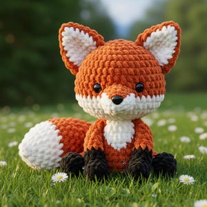 May include: A crocheted fox plush toy with orange, white, and black details. The fox has large ears, a white chest, and a fluffy white tail. It is sitting in a grassy field with small white flowers.