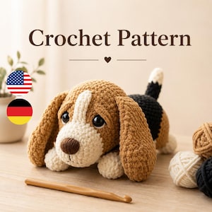 May include: A crocheted beagle dog with brown, white, and black details. The dog has large, floppy ears and a sad expression. The image includes the text "Crochet Pattern" and a crochet hook.